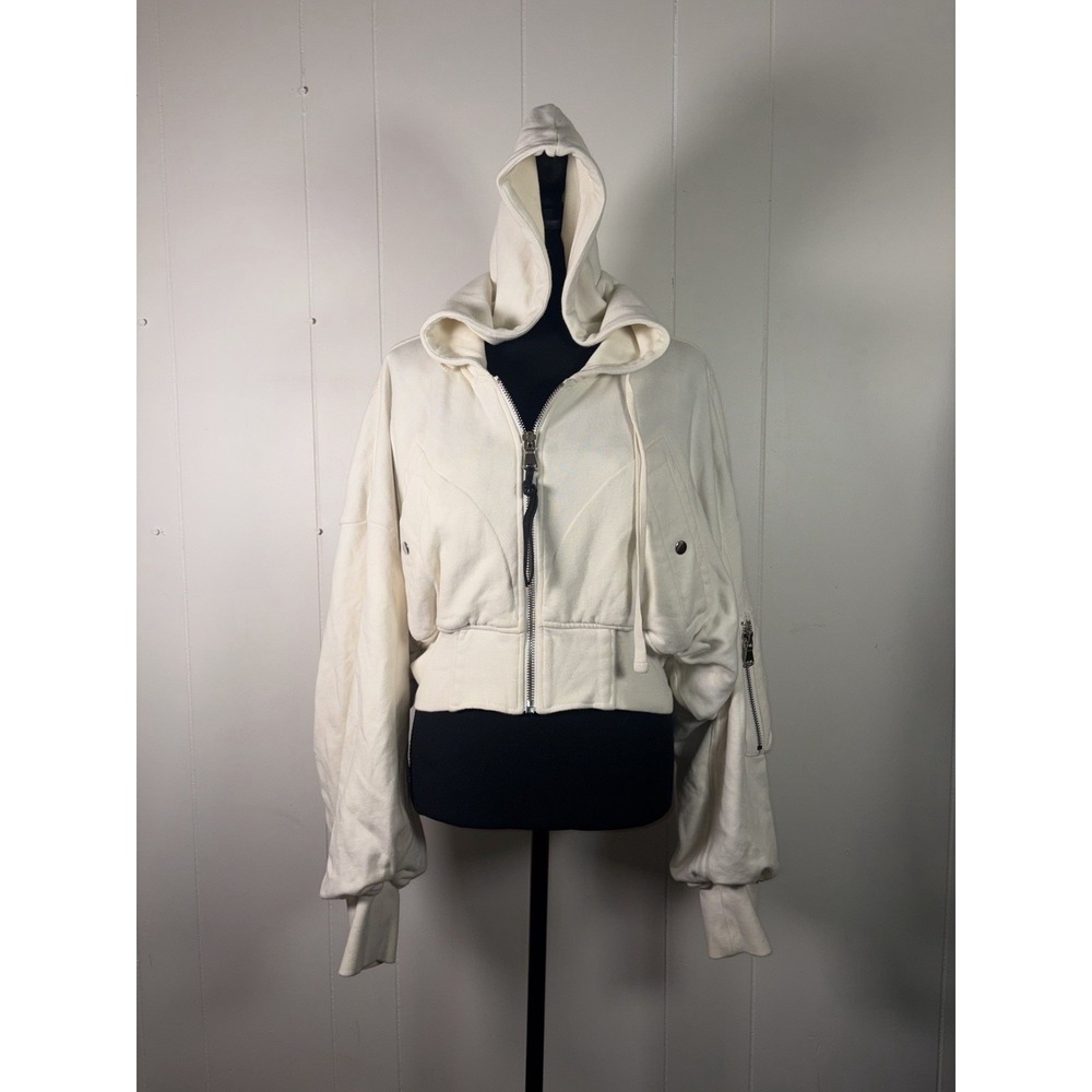 Free People XS/s Ivory Cropped Bomber Hoodie Jacket Oversized Utility Zip